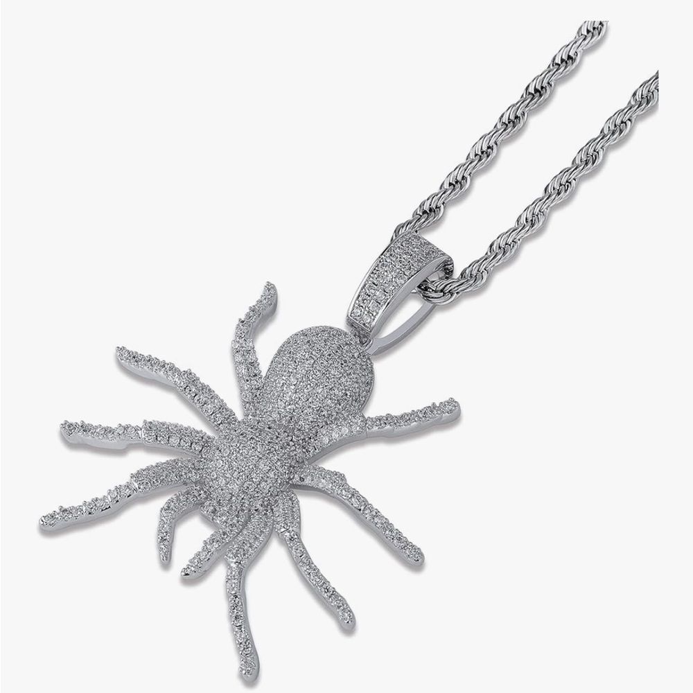 Iced Out Spider Pendant Necklace + Simulated Diamond Micropave Silver Rope Chain